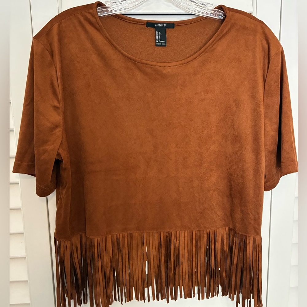 Forever 21 Faux-Suede Fringe Short Sleeve Top